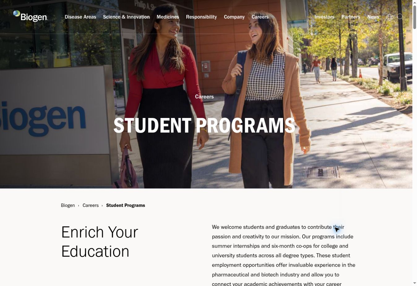 Biogen Student Programs page featuring Palak in red outside the Biogen office